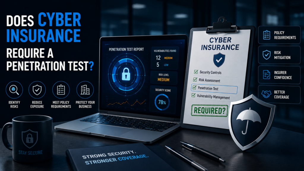 Cyber insurance assessment with a penetration testing report and security checklist for business cyber risk management.