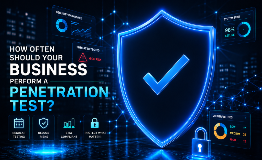 Cybersecurity banner showing a glowing shield with a checkmark and the title 'How Often Should Your Business Perform a Penetration Test?