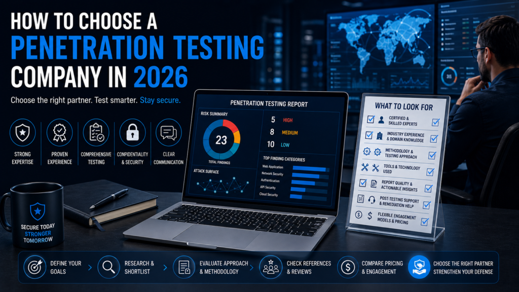 Illustration of a penetration testing company evaluation with a security assessment dashboard, expert checklist, and cybersecurity risk analysis.