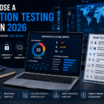 Illustration of a penetration testing company evaluation with a security assessment dashboard, expert checklist, and cybersecurity risk analysis.