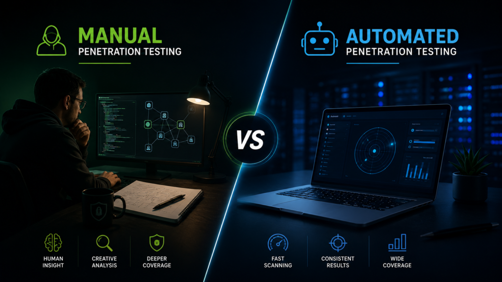 Split-screen illustration comparing manual and automated penetration testing with a cybersecurity analyst and an automated security scanning dashboard.