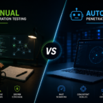 Split-screen illustration comparing manual and automated penetration testing with a cybersecurity analyst and an automated security scanning dashboard.