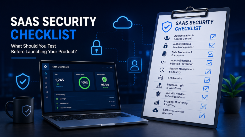 SaaS security checklist illustration showing a secure application dashboard and security testing checklist before product launch.