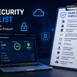SaaS security checklist illustration showing a secure application dashboard and security testing checklist before product launch.