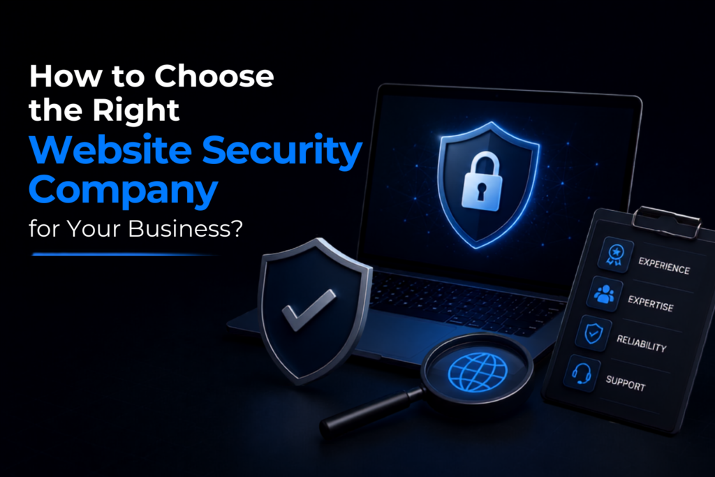 How to choose the right website security company checklist with laptop, shield, and magnifying glass icons