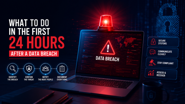 Cybersecurity incident response showing a laptop with a data breach alert and the first 24-hour response steps after a cyberattack.