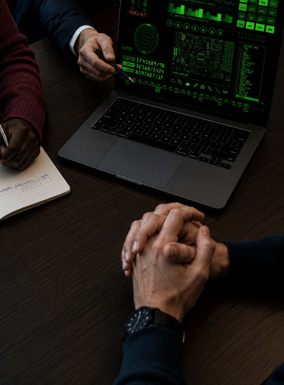 Security consultants reviewing a cybersecurity dashboard on a laptop during a client strategy meeting