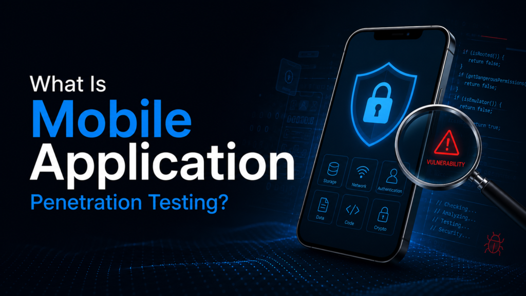 Mobile application penetration testing illustration showing a smartphone with a security shield and vulnerability detection.