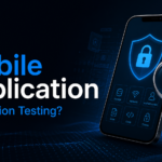 Mobile application penetration testing illustration showing a smartphone with a security shield and vulnerability detection.
