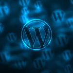 Glowing blue WordPress logo centered on a dark, blurred background filled with floating WordPress icons, creating a modern cyber-tech theme