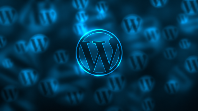 Glowing blue WordPress logo centered on a dark, blurred background filled with floating WordPress icons, creating a modern cyber-tech theme