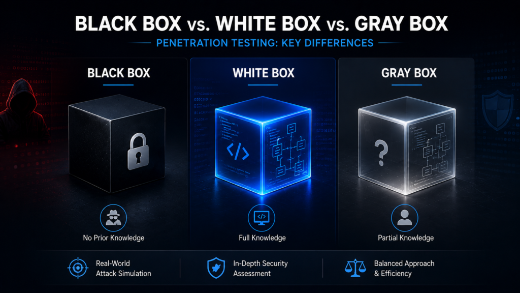 Comparison of black box, white box, and gray box penetration testing methods using three visual security testing models.