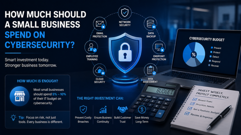 Illustration of a small business cybersecurity budget with a security shield, financial dashboard, and cybersecurity investment planning.