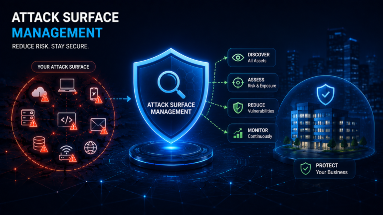 Attack surface management illustration showing exposed business assets, risk assessment, vulnerability reduction, continuous monitoring, and business protection.