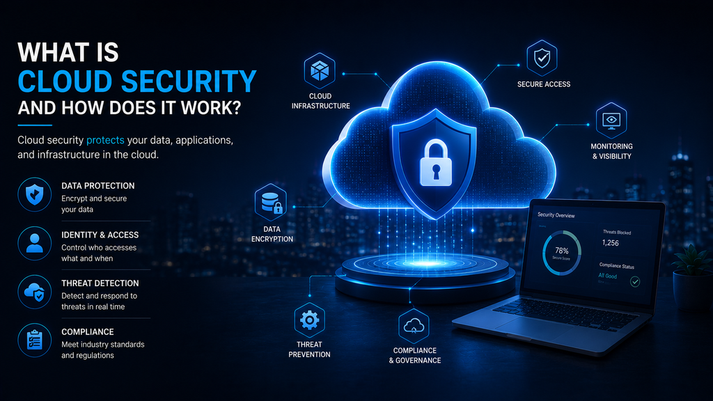 Cloud security illustration showing a protected cloud environment with data encryption, access control, threat detection, and security monitoring.