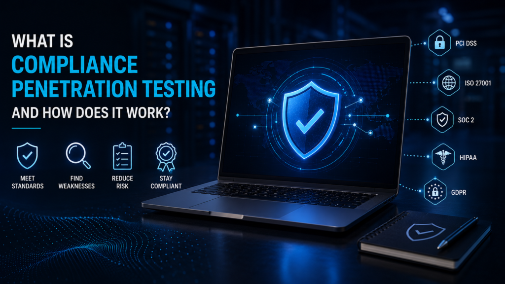 Compliance penetration testing illustration showing a secured laptop, cybersecurity shield, and compliance standards including PCI DSS, ISO 27001, SOC 2, HIPAA, and GDPR.
