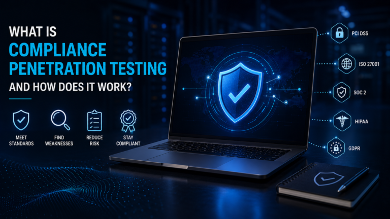 Compliance penetration testing illustration showing a secured laptop, cybersecurity shield, and compliance standards including PCI DSS, ISO 27001, SOC 2, HIPAA, and GDPR.