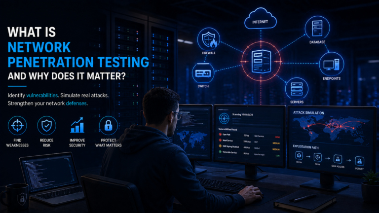 Network penetration testing illustration showing a security analyst testing servers, endpoints, firewalls, and network infrastructure for vulnerabilities.