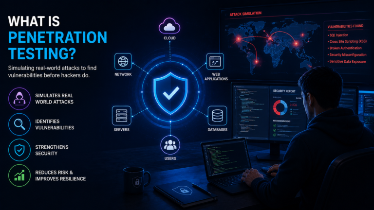 Penetration testing illustration showing simulated cyberattacks, vulnerability discovery, security assessment, and risk reduction.