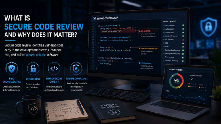 Secure code review illustration showing source code analysis, vulnerability detection, security checks, and secure software development.
