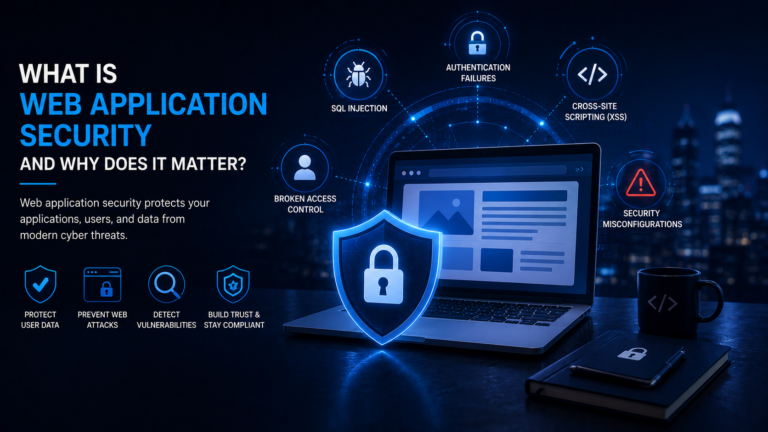 Web application security illustration showing a protected web application with a security shield, vulnerability detection, access control, and threat protection.