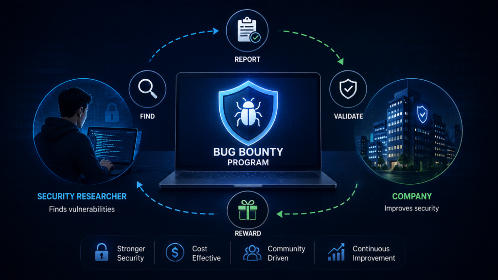Bug bounty program illustration showing security researchers finding vulnerabilities, companies validating reports, and rewarding ethical hackers.