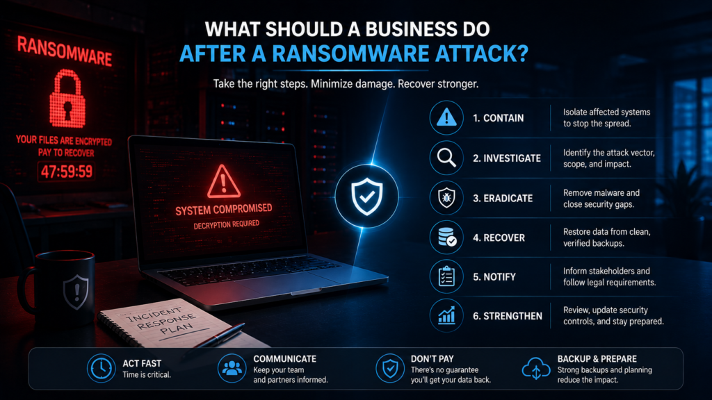 Illustration of a business responding to a ransomware attack with an incident response plan, encrypted system alert, and recovery checklist.