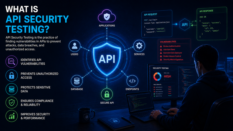 API security testing infographic with API shield and vulnerability detection.