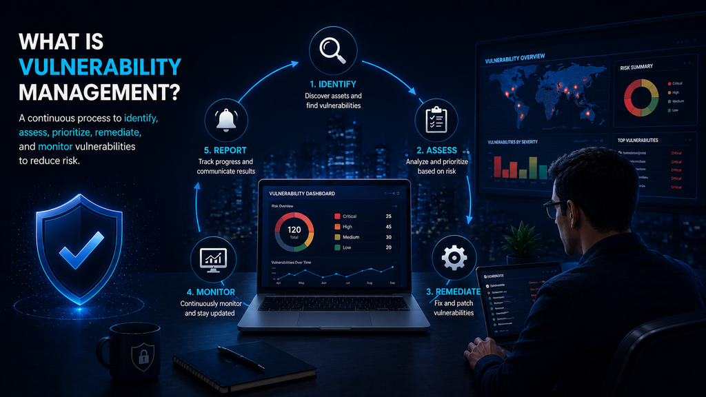 Vulnerability management illustration showing a security dashboard, vulnerability assessment cycle, risk monitoring, and remediation.