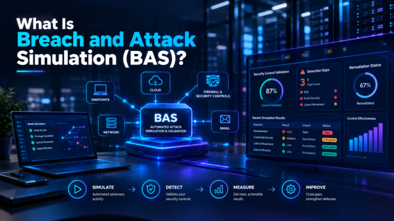 Breach and Attack Simulation (BAS) illustration showing automated attack simulation, security control validation, detection gaps, and continuous improvement.