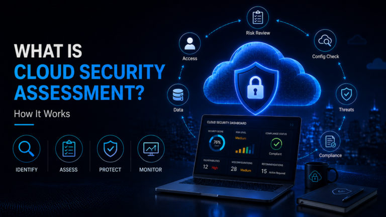 Cloud security assessment infographic showing a protected cloud with a shield icon, security dashboard, risk review process, access control, threat monitoring, and compliance checks in a blue cybersecurity theme.