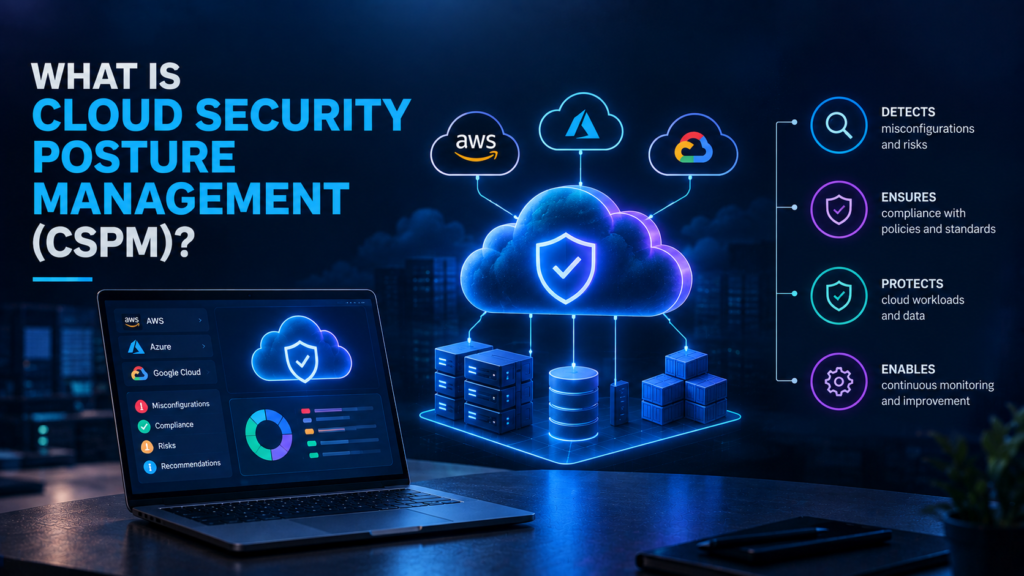 Cloud Security Posture Management illustration showing a protected cloud environment with continuous monitoring, misconfiguration detection, compliance checks, and risk management.
