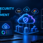 Cloud Security Posture Management illustration showing a protected cloud environment with continuous monitoring, misconfiguration detection, compliance checks, and risk management.
