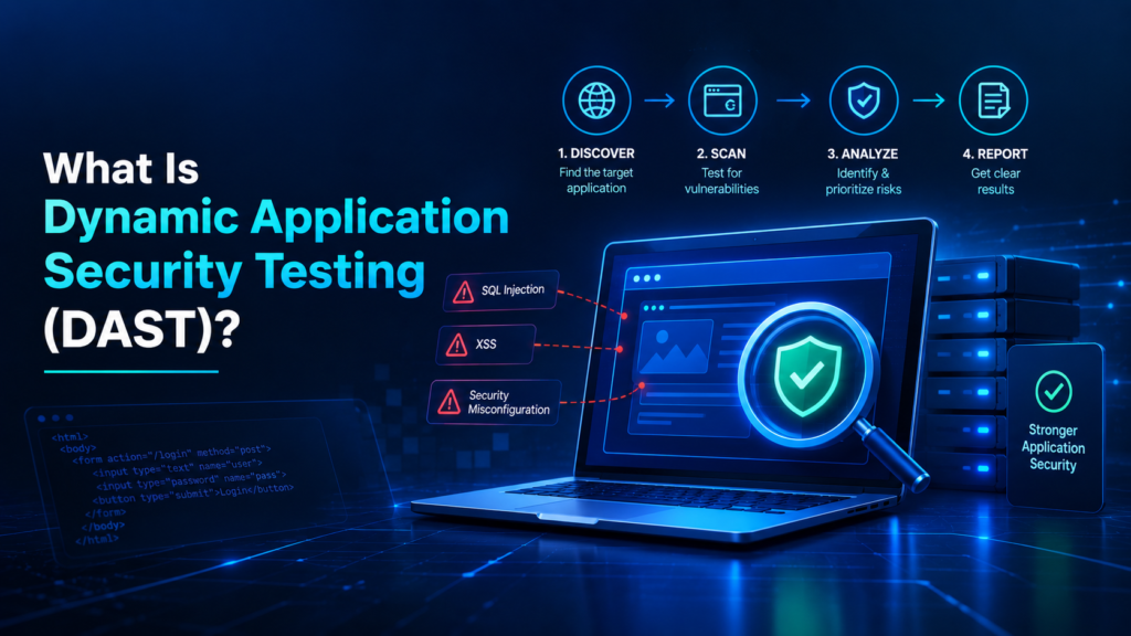 Cybersecurity illustration of Dynamic Application Security Testing (DAST) with a laptop, vulnerability scanning, security shield, and testing workflow.