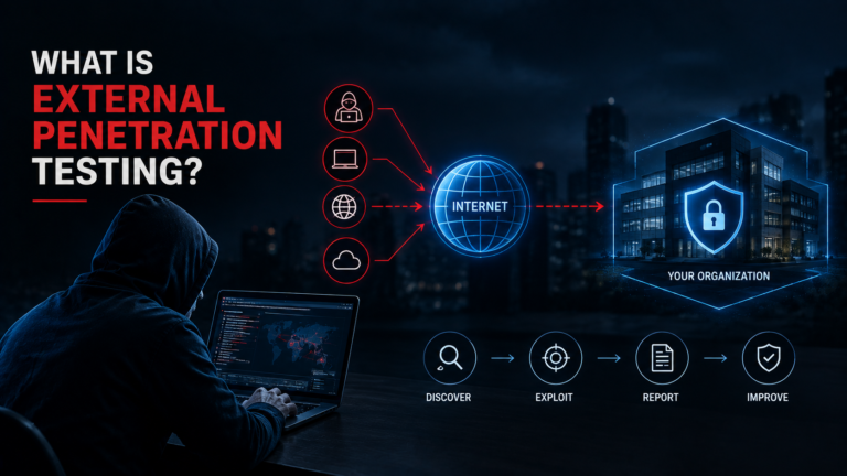 External penetration testing illustration showing an ethical hacker testing internet-facing systems and identifying vulnerabilities in an organization's external attack surface.