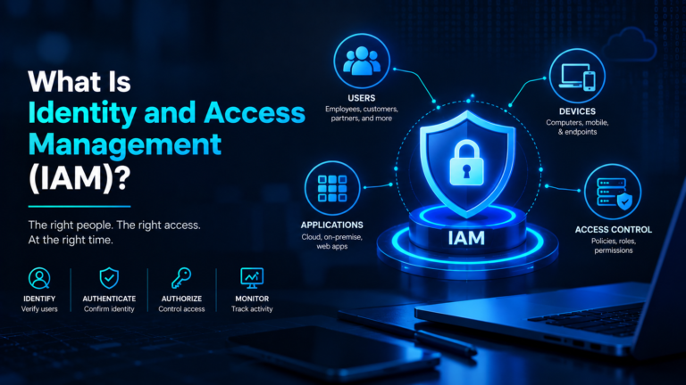 Cybersecurity illustration explaining IAM with a central security shield, user authentication, access control, devices, applications, and activity monitoring.