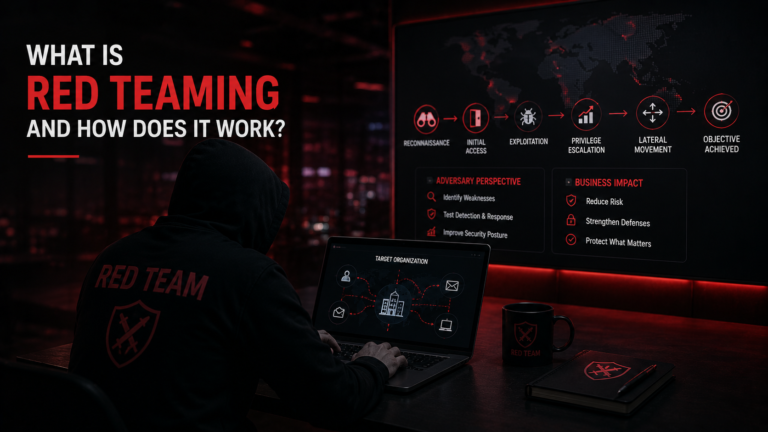 Red teaming illustration showing a cybersecurity professional simulating real-world attacks to identify weaknesses and test an organization's defenses.