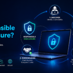 Cybersecurity illustration explaining responsible disclosure with a laptop, security shield, and four-step vulnerability reporting process.