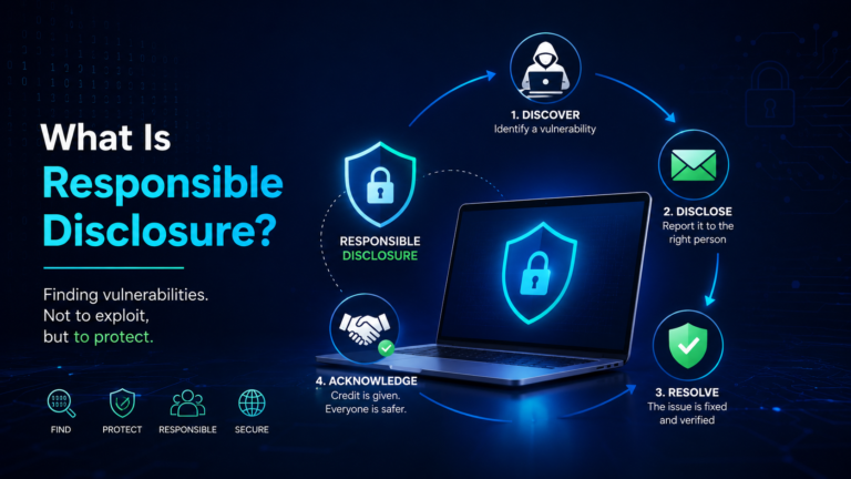 Cybersecurity illustration explaining responsible disclosure with a laptop, security shield, and four-step vulnerability reporting process.