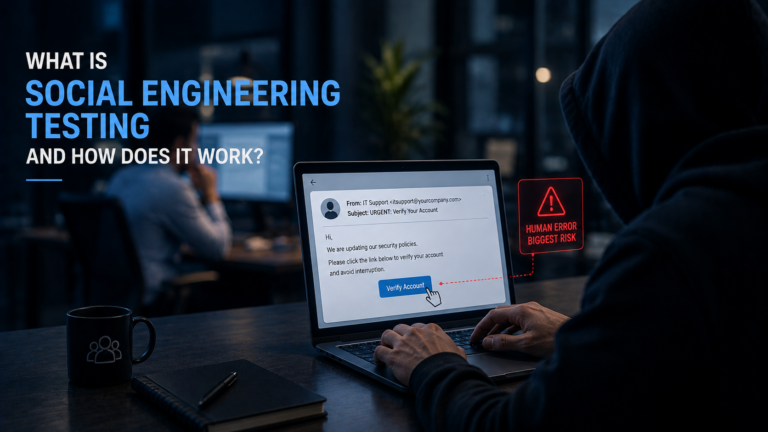 Social engineering testing illustration showing a simulated phishing email used to test employee awareness and identify human security risks.