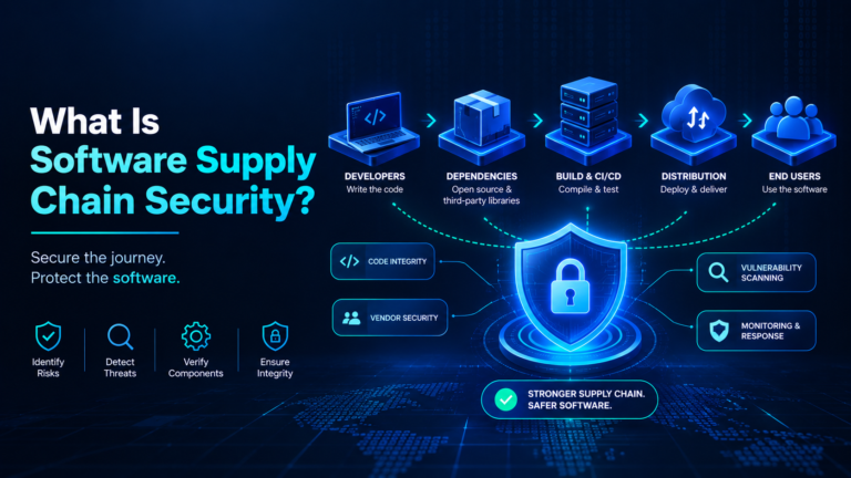 Cybersecurity illustration explaining software supply chain security with developers, dependencies, CI/CD, distribution, and a central security shield.