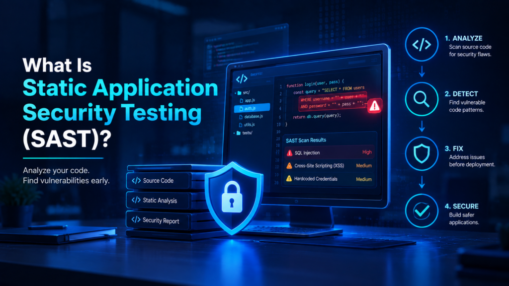 Cybersecurity illustration explaining SAST with source code analysis, vulnerability detection, a security shield, and secure development workflow.
