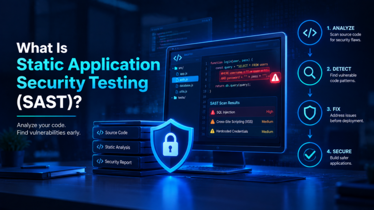 Cybersecurity illustration explaining SAST with source code analysis, vulnerability detection, a security shield, and secure development workflow.