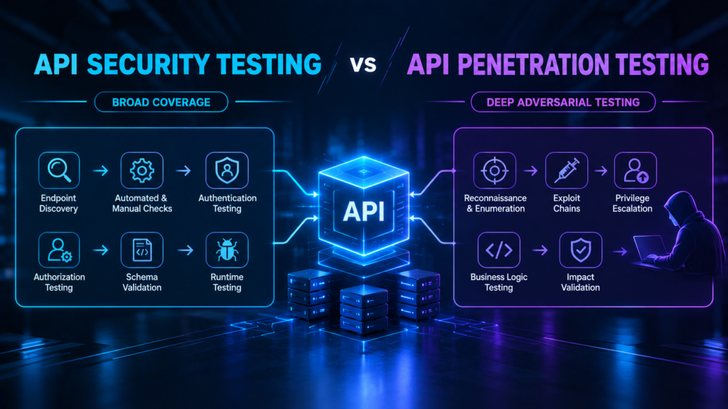 API security testing vs API penetration testing illustration comparing broad security checks with deeper adversarial testing of API vulnerabilities, business logic, and access controls.