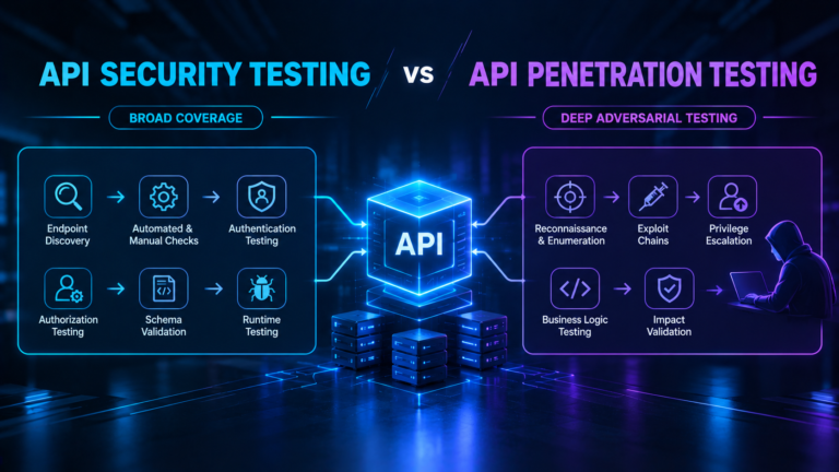 API security testing vs API penetration testing illustration comparing broad security checks with deeper adversarial testing of API vulnerabilities, business logic, and access controls.