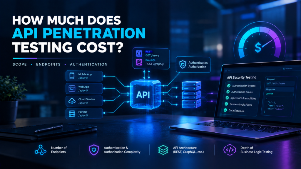 API penetration testing cost illustration showing API endpoints, authentication, authorization, API architecture, and security testing factors.