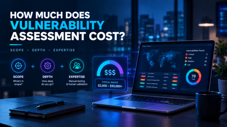 Vulnerability assessment cost illustration showing a cybersecurity dashboard with scanned assets, security findings, risk levels, and factors that influence assessment pricing.
