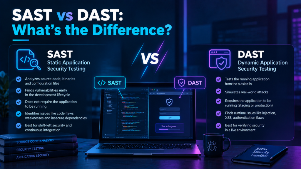 SAST vs DAST illustration comparing static source code analysis with dynamic testing of a running web application.
