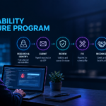 Vulnerability Disclosure Program (VDP) illustration showing a security researcher identifying and reporting vulnerabilities for review, remediation, and responsible disclosure.