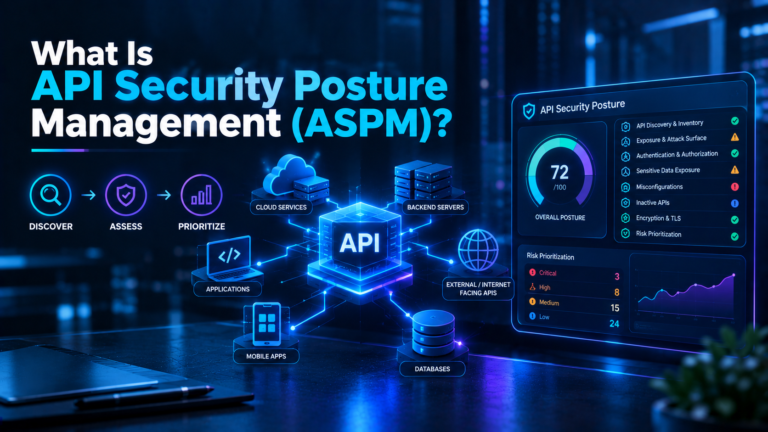 API Security Posture Management illustration showing API discovery, risk assessment, security posture monitoring, and risk prioritization.